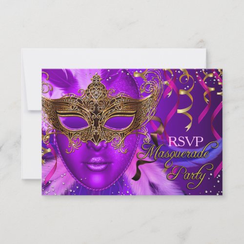 Feather Purple  Gold Mask Masquerade Party RSVP