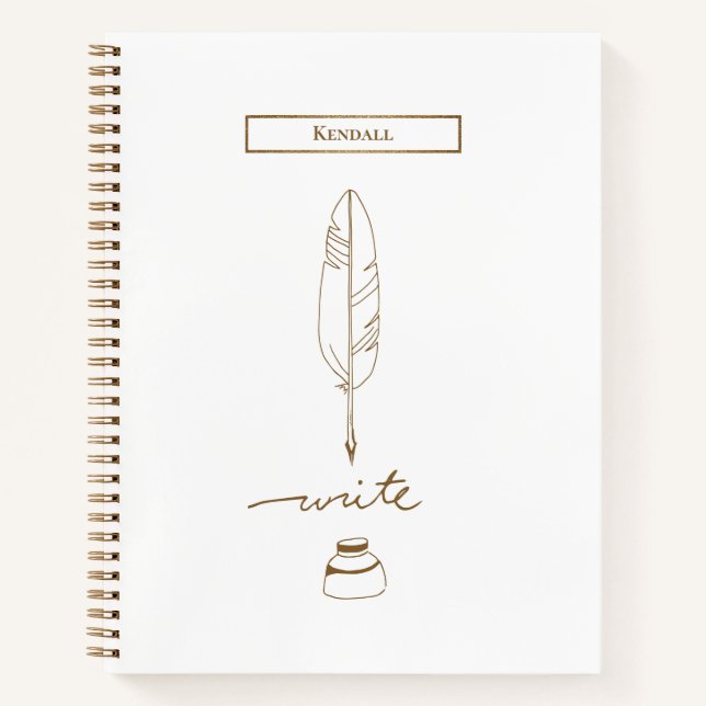 Feather Quill Custom Writing Gold hue Personalized Notebook (Front)