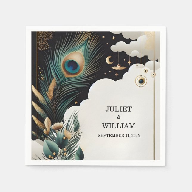 Feather Rustic Asian Sky Cloud Peacock Wedding Napkins (Front)