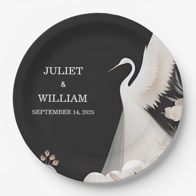 Feather Rustic Asian Sky Fun Cloud Crane Wedding Paper Plates (Front)