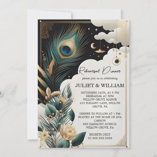 Feather Rustic Sky Cloud Peacock Rehearsal Dinner Invitation