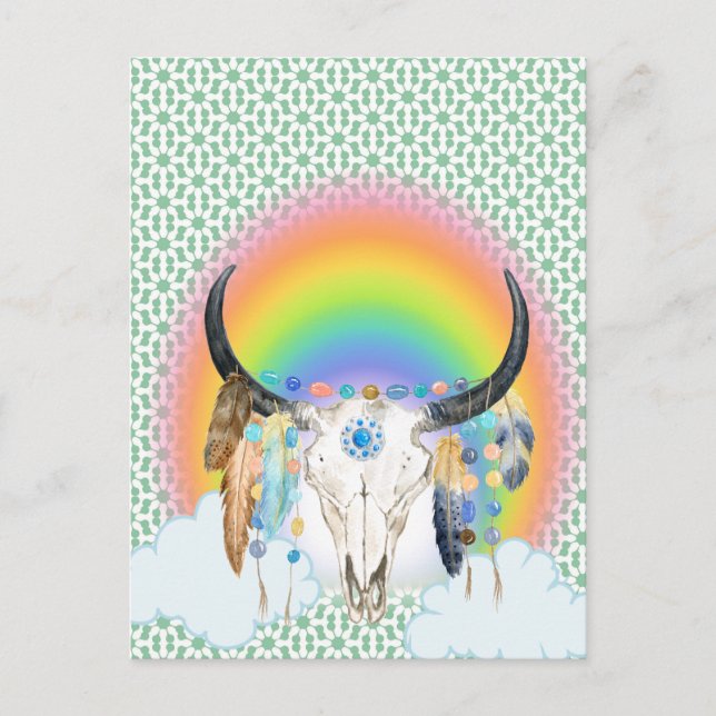 Feather Skull & Rainbow Postcard (Front)
