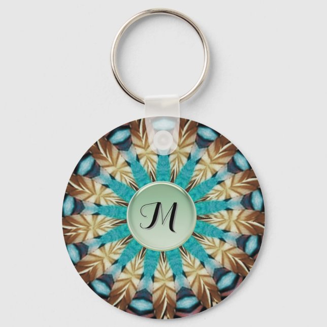 Feather Teal, brown, blue and Green Mandala Keychain (Back)