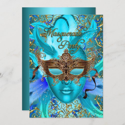 Feather Teal Gold Mask Masquerade Party Invite