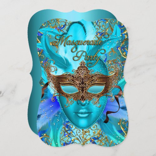 Feather Teal  Gold Mask Masquerade Party Invite