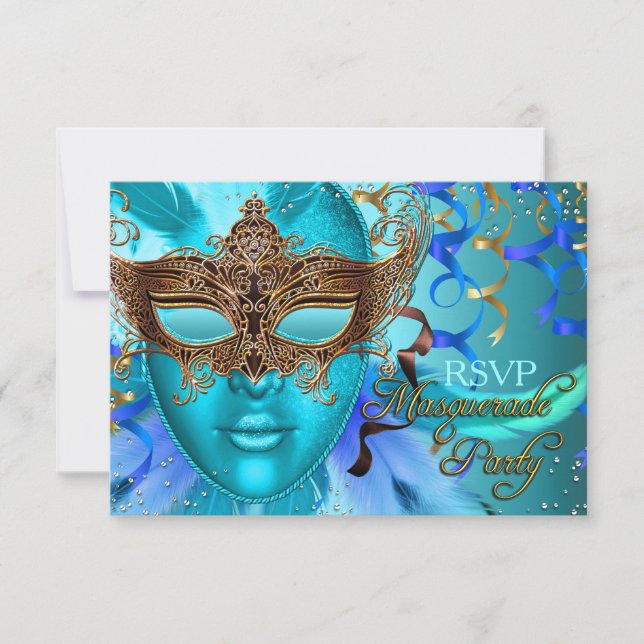Feather Teal Gold Mask Masquerade Party RSVP (Front)