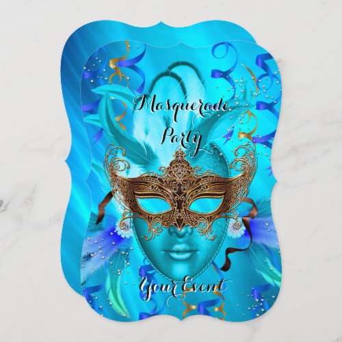 Feather Teal Gold Masked Masquerade Party Invitation