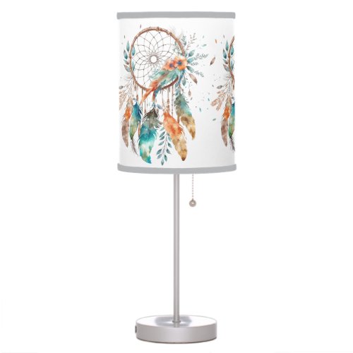 Feather Teal Watercolor Dreamcatcher Table Lamp