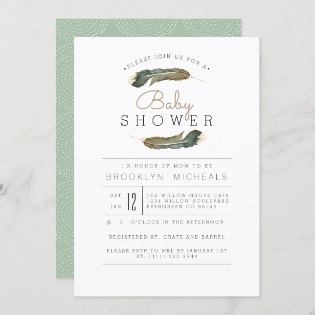 Feather Watercolor Baby Shower Invitation (Front/Back)