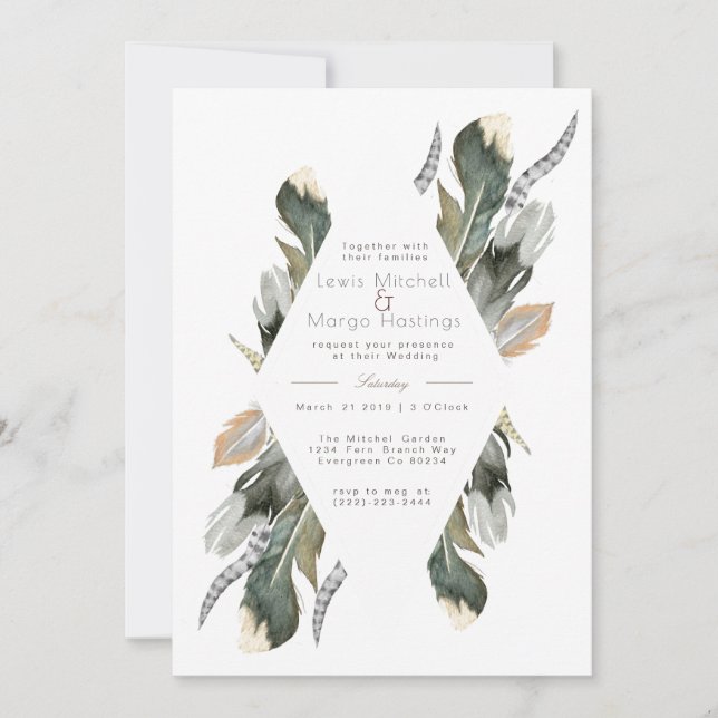 Feather Watercolor Diamond Overlay | Wedding Invitation (Front)