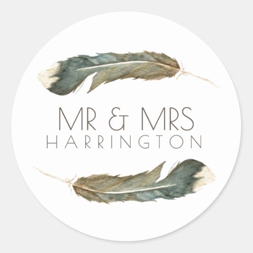 Feather Watercolor Duo  Mr  Mrs Classic Round Sticker