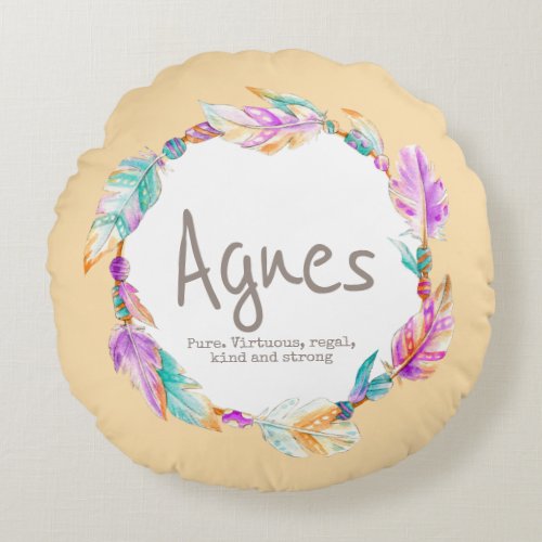 Feather watercolor name meaning Agnes round pillow