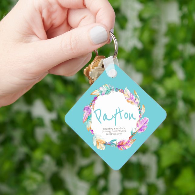 Feather watercolor name meaning aqua Payton Keychain (Hand)