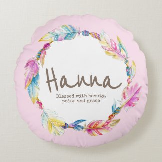 Feather watercolor name meaning Hanna round pillow