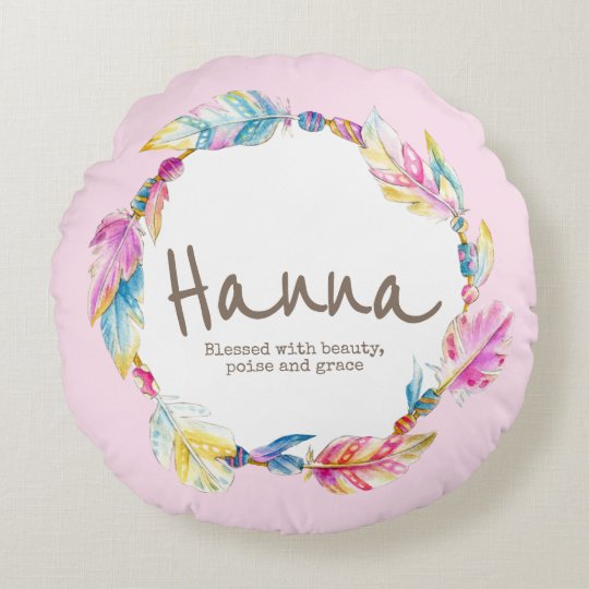 Feather watercolor name meaning Hanna round pillow | Zazzle.com