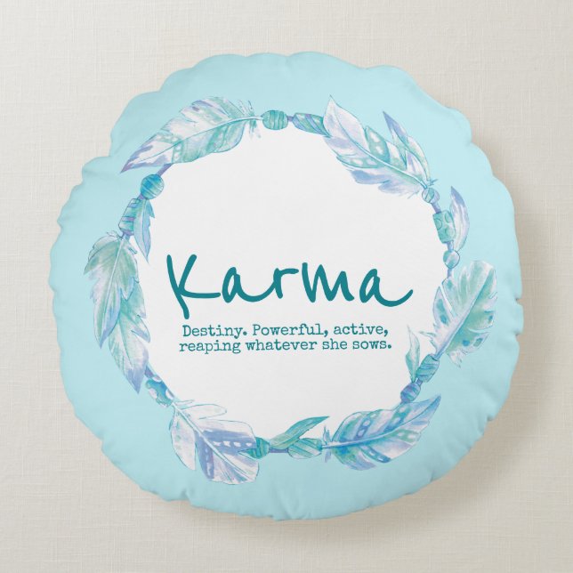 Feather watercolor name meaning Karma aqua Round Pillow (Front)