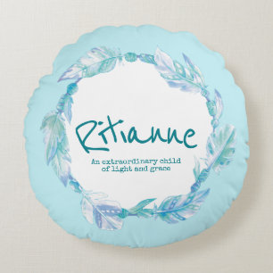 Feather watercolor name meaning Ritianne aqua Round Pillow