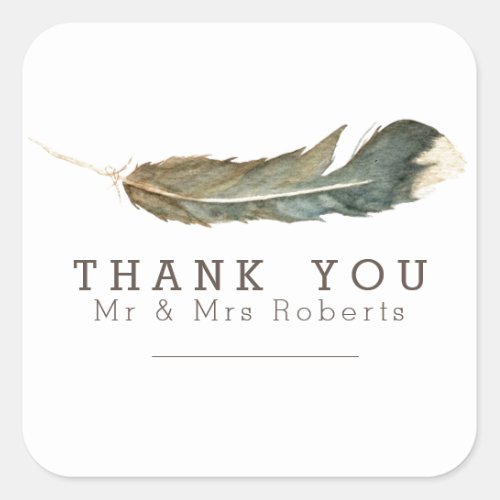 Feather Watercolor  Thank You Square Sticker
