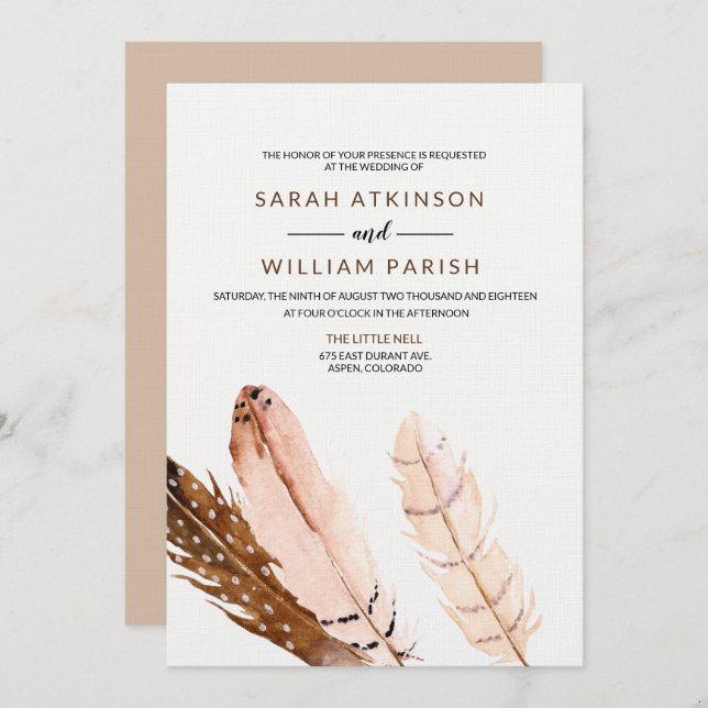 Feather Watercolor Wedding Invitation (Front/Back)