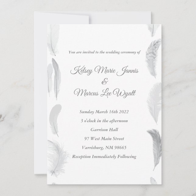 Feather Wedding Invitation White and Grey (Front)