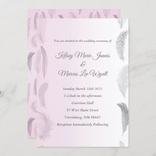 Feather Wedding Invitation White Grey Pink