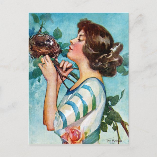 "FEATHER YOUR NEST" EARLY SPRING ROBINS 'N ROSES POSTCARD (Front)