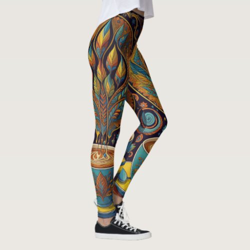 Feathered Coffee Shop Espresso Leaves Earthy Cafe Leggings