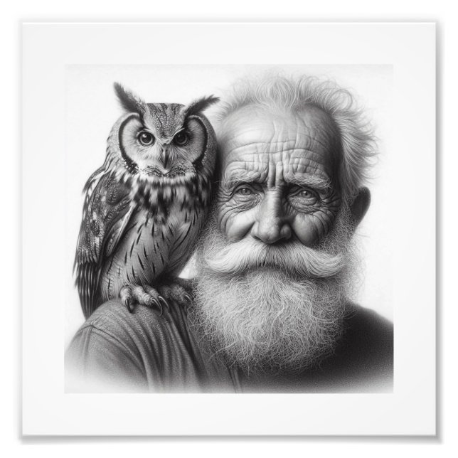 Feathered Friends: Older Man with Owl Wall Art (Front)