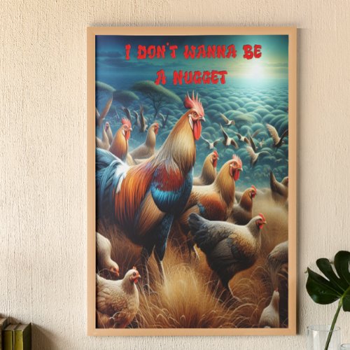 Feathered Gathering Chickens Roaming in Meadow Poster