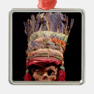 Feathered headdress on a skull, from Peru Metal Ornament