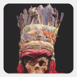 Feathered headdress on a skull, from Peru Square Sticker