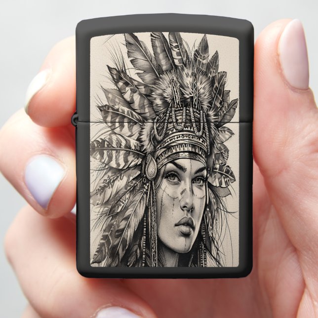 Feathered Indian girl warrior in nature Zippo Lighter (In Hand)