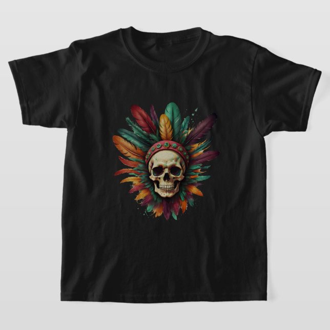 Feathered Indian Skull Kids T-Shirt (Laydown)