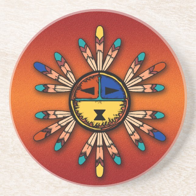 Feathered Katsina Sun Face Sandstone Coaster (Front)