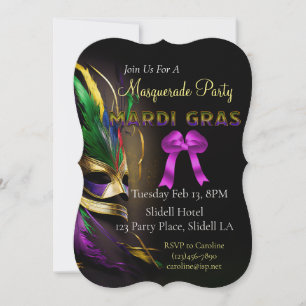 Feathered Mask Mardi Gras Party Invitation