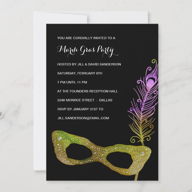 Feathered Mask | Masquerade Mardi Gras Party Invitation (Front)
