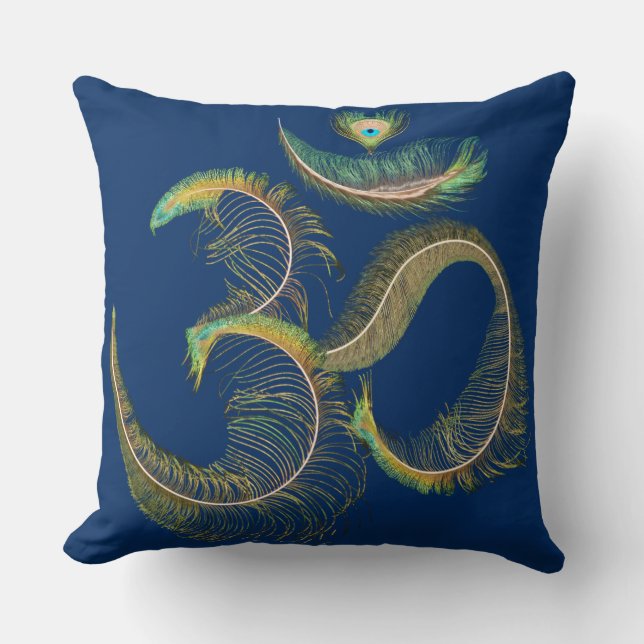 Feathered Om, Indian Peacock Tail. Throw Pillow (Front)