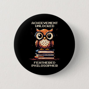 Feathered Philosopher Unlocked Owl Retro Gamer Button