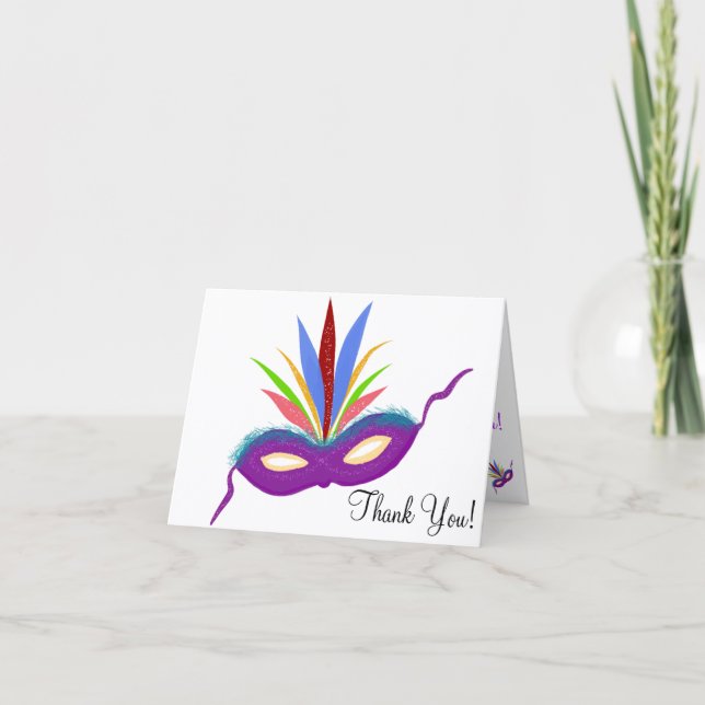 Feathered Purple Party Mask Thank You Cards (Front)