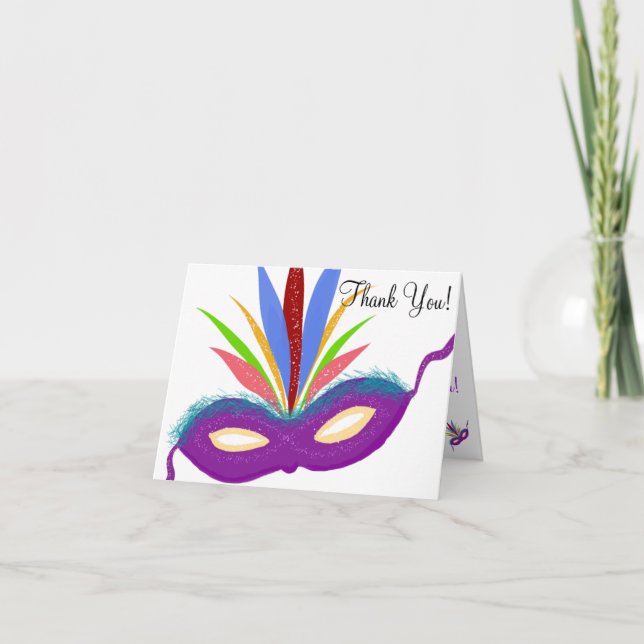 Feathered Purple Party Mask Thank You Cards (Front)
