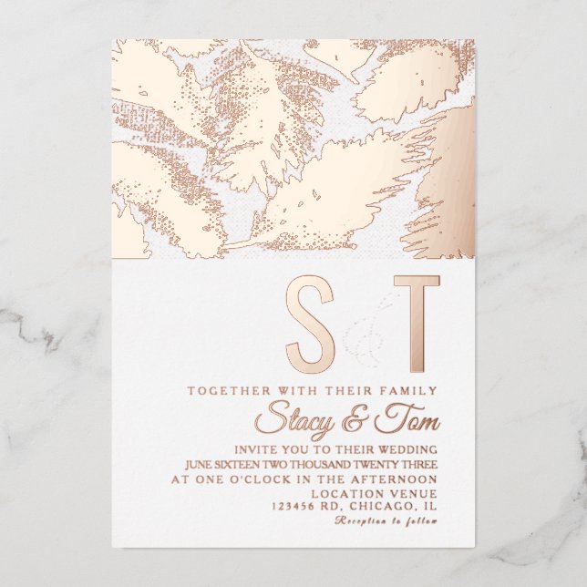 Feathers Ampersand Wedding Pressed Foil Invitation (Front)