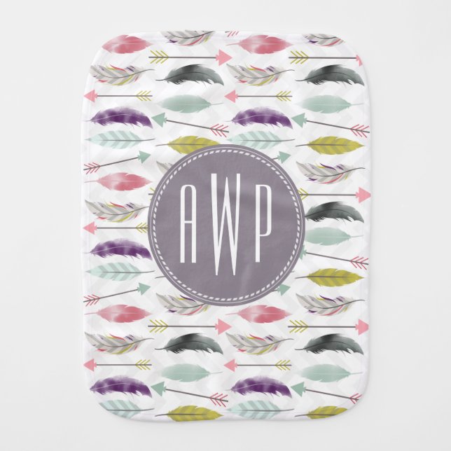 Feathers and Arrows Monogram Burp Cloth (Front)