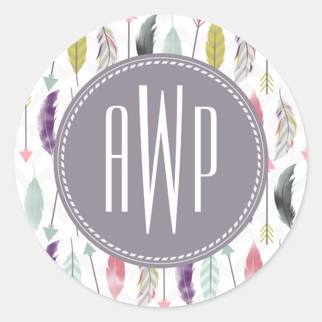 Feathers and Arrows Monogram Classic Round Sticker (Front)