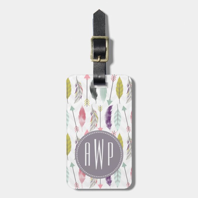 Feathers and Arrows Monogram Luggage Tag (Front Vertical)