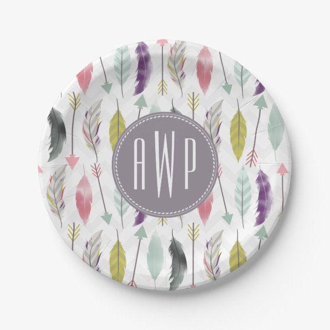Feathers and Arrows Monogram Paper Plates (Front)