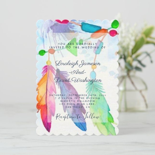 Feathers and beads boho wedding invitation (Standing Front)