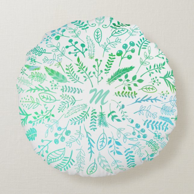 Feathers and Ferns in Blue Tones and Green Tones Round Pillow (Back)
