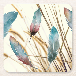 Feathers and grass square paper coaster