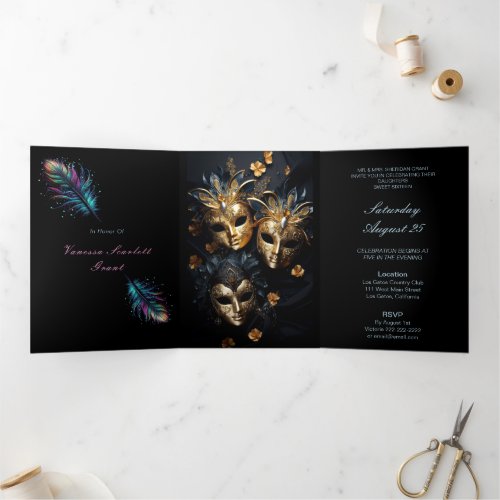 Feathers and Masquerade Sweet 16 Party Invitation