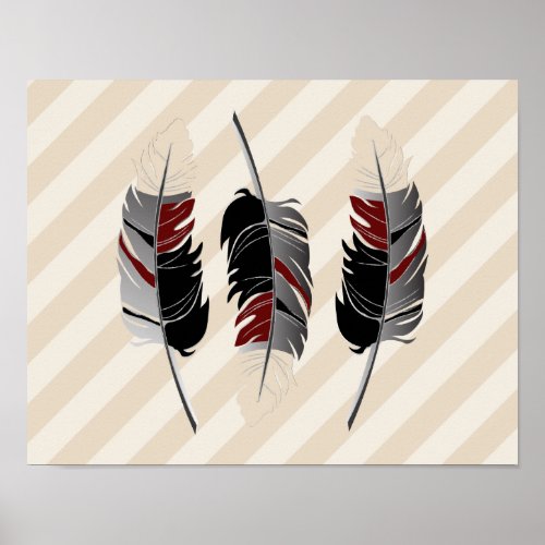 Feathers and Stripes  Cream Maroon Gray  Black Poster
